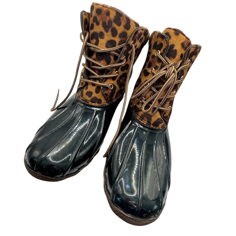 Jessica Carlyle Gavin-17L Leopard Print‎ Duck Boots Black Brown 11 women